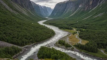 Et malerisk dal i Norge med en elv og fjell.