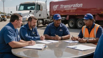 Transportarbeidere samlet rundt et bord, diskuterer og planlegger.