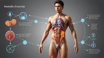 En illustrasjon av menneskekroppen med piler og diagrammer som viser de metaboliske prosessene og energiforbruket.