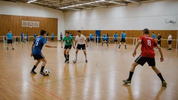 En gruppe mennesker som spiller innendørsfotball i en stor idrettshall.