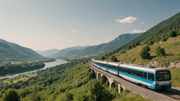 Et bilde av et tog eller en buss som reiser mellom byer, med et naturskjønt landskap i bakgrunnen.