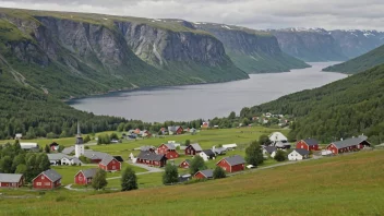 Et pittoreskt norsk landskap med en liten landsby eller gård i bakgrunnen.