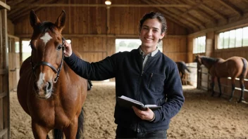 En person tar notater i en hestestall, med en glad og frisk hest i bakgrunnen.