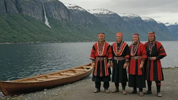 En gruppe sjøsamer i tradisjonelle klær, stående foran en trebåt, med en fjord i bakgrunnen.