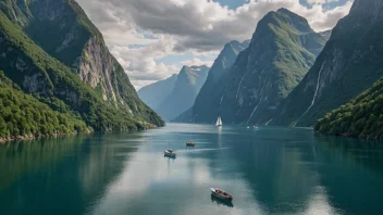 Romsdalsfjorden, en fjord i Norge, kjent for sine imponerende naturskjønnheter og dramatiske fjellformasjoner.