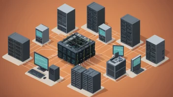 Et datamaskinsystem med flere servere og et nettverk, som viser hvordan ressurser distribueres effektivt.