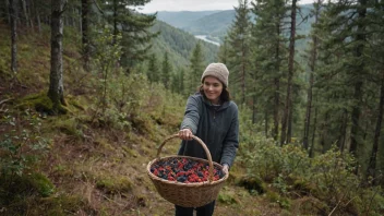 En person sanker bær i en skog, omgitt av trær og en variasjon av flora.