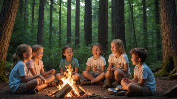 En gruppe barn som sitter rundt et bål og lytter til et sommereventyr, med en magisk skog i bakgrunnen.