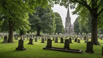 En fredelig kirkegård med gamle gravsteiner og en kirke i bakgrunnen