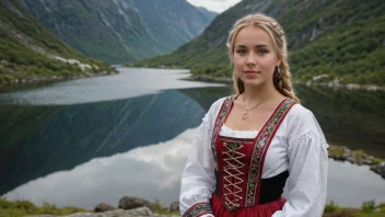 En ung kvinne fra Kold, Norge, kledd i tradisjonelle klær, stående i et naturskjønt landskap.