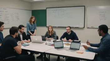 En gruppe mennesker fra ulike organisasjoner som arbeider sammen på et prosjekt, med en whiteboard og laptops i bakgrunnen.