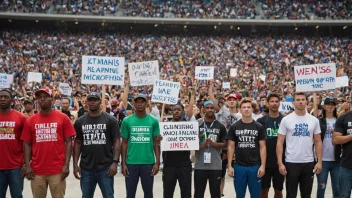 En gruppe utøvere som protesterer med skilt og bannere, med en uskarp bakgrunn av et stadion eller sportsarena.