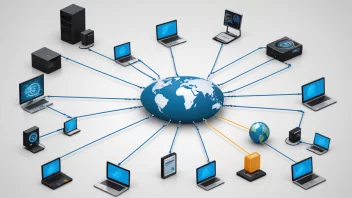 En illustrasjon av internetteknologiens rammeverk, som viser hvordan data overføres, lagres og håndteres gjennom ulike enheter og verktøy.