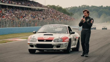 En rallycrossbil kjører på en bane med en sanger som fremfører i bakgrunnen