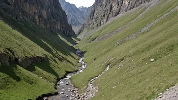 En fjellkluft eller kløft med bratte sider og en liten bekk som renner gjennom den.