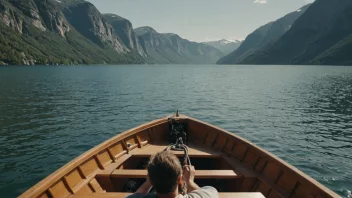 En person som nyter sommerbruk av en båt i et vakkert norsk landskap.