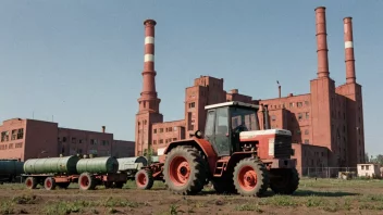 En sovjetisk fabrikk med en rød stjerne på bygningen, med en traktor eller annet industrielt utstyr i forgrunnen.