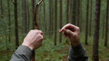 En person er avbildet mens de strammer en buestreng, med et fokusert uttrykk. Bakgrunnen er en subtil norsk skog, med trær og åser som forsvinner i det fjerne.