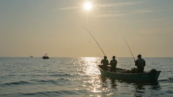 En gruppe fiskere i en båt, med fiskegarn og utstyr, på et rolig hav med en solfylt himmel.