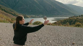 En person som kaster steiner, med et naturskjønt landskap i bakgrunnen