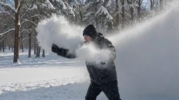 En person blir truffet av en plutselig og kraftig snøsprut fra en snødekt overflate, med snø som flyr overalt.