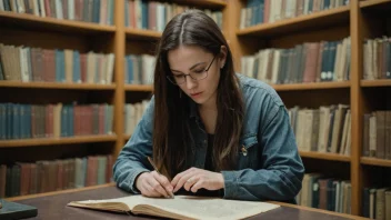 En runolog som studerer gamle runeinnskrifter på et bibliotek.