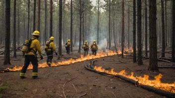 En kontrollert ildlinje i en skog, med brannmenn i bakgrunnen.