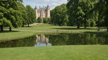 En fredelig slottspark med en stor gressplen, trær og en dam