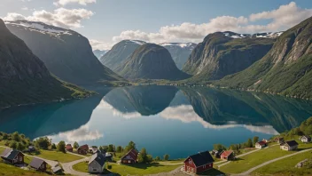 Et pittoreskt landsby i Norge med tradisjonelle hus og en storslagen natur.