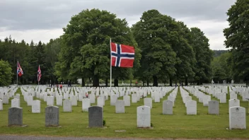 En kirkegård med et norsk flagg som vifter i bakgrunnen, med noen mennesker som besøker gravene.