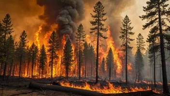 En skogbrann raser gjennom en tett skog, med flammer som slicker på trestammene og røyk som fyller luften.