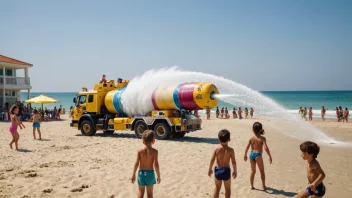 Et morsomt og lekent bilde av barn som bruker en vannkanon på en strand