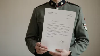 Et bilde som representerer begrepet orlov, med en person i uniform som holder et brev eller dokument, og en diskret bakgrunn av en familie eller et hjem.