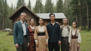 En gruppe skogfinner i tradisjonelle klær, stående foran en skog.