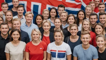 En gruppe mennesker fra ulike land samlet sammen, med et norsk flagg i bakgrunnen, som representerer vertslandsstøtte.