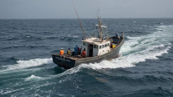 En fiskebåt på havet, med fiskere som drar inn en stor fangst av fisk.