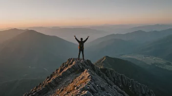 En person som står alene på en fjelltopp med armene utstrakt, med et vakkert landskap i bakgrunnen.