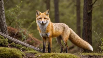 En gullrev i sin naturlige habitat, med en gylden pels og en buskete hale, stående på et steinete terreng med et fjellandskap i bakgrunnen.