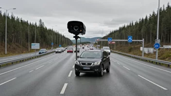 En trafikkovervåkningskamera på en norsk vei, med et reguleringsdokument i forgrunnen.