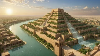 Hengehagene i Babylon, ett av de syv underverkene i den antikke verden, omgitt av den antikke byen Babylon.