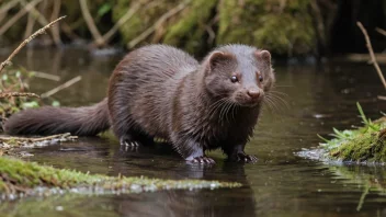 En mink ses svømmende i vannet, med pelsen glinsende i sollyset. I bakgrunnen er en skog synlig, som viser minkens tilpasning til både vann- og landmiljøer.