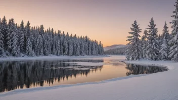 En fredelig vinter scene med en frossen innsjø og snødekte trær.