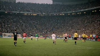 Et lag med fotballspillere på et stadion, med en stor folkemengde i bakgrunnen