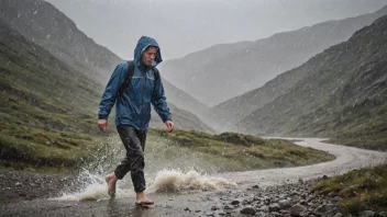 En person i regntøy og hatt, som kjemper mot sterk vind og kraftig regn i et fjellandskap.