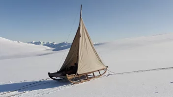 En sled med et seil, kjent som en sledemei, vises i bruk på en snødekt ås. Seilet fanger vinden og driver sleden fremover.