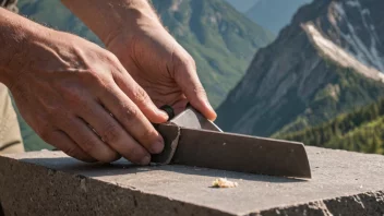 En person som tindrer en kniv med et fjell i bakgrunnen.