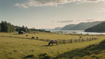 Et idyllisk norsk landskap med beitende dyr, som symboliserer harmonien mellom natur og menneskelig aktivitet.