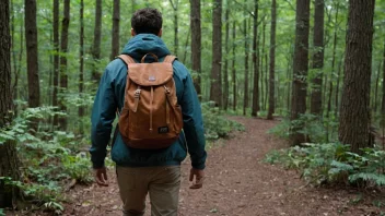 En person som bærer en kampsak, går i skogen, med en naturskjønn utsikt i bakgrunnen