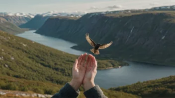 En person som fanger en fugl med hendene sine, med en subtil bakgrunn av et norsk landskap.