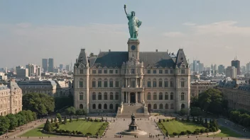 En monumental bygning med en stor statue foran, som symboliserer storhet og betydning.